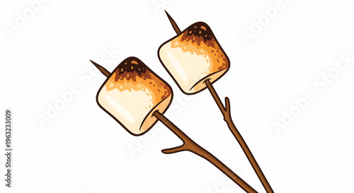 Two toasted marshmallows on sticks isolated on white background