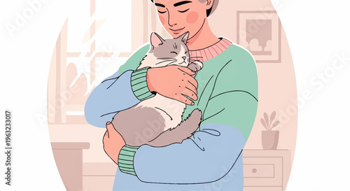Woman tenderly holding a grey and white cat in her arms indoors with warm lighting