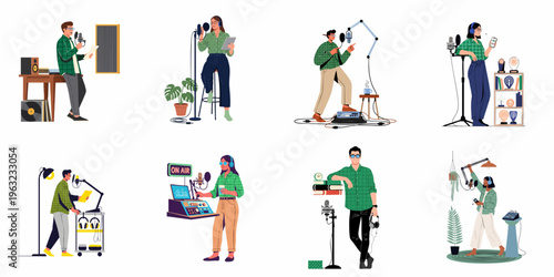 Set of various people recording podcasts and broadcasts in professional and home studios with modern audio equipment, microphones, and headphones.