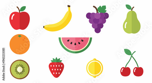 Assorted fresh fruits icons in colorful cartoon style