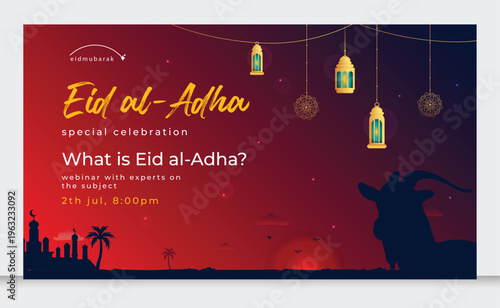 Elegant Eid al Adha Mubarak Background with Golden Crescent Moon, Lanterns and Goat Illustration on Red Islamic Pattern