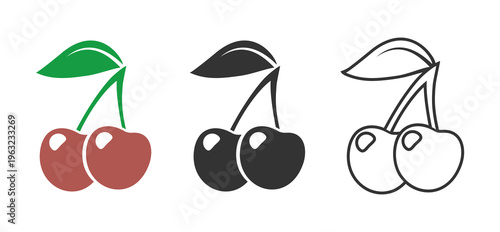 Cherry flat illustration set art of three styles, png transparent background