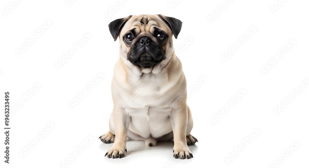 Fototapeta premium Cute Pug Dog Sitting Isolated on White Background