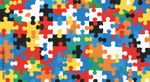Colorful puzzle pieces assembled randomly forming an abstract pattern