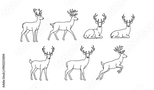 Black and white deer outline vector set with six different poses minimal line art SVG illustration
