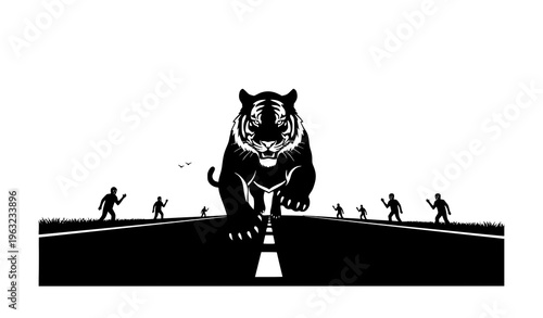 Perspective tiger running toward viewer on road with fleeing people sunrise danger silhouette flat vector