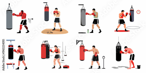 Collection of male and female boxers training with punching bags in various gym settings, showcasing diverse workout routines and athletic equipment.