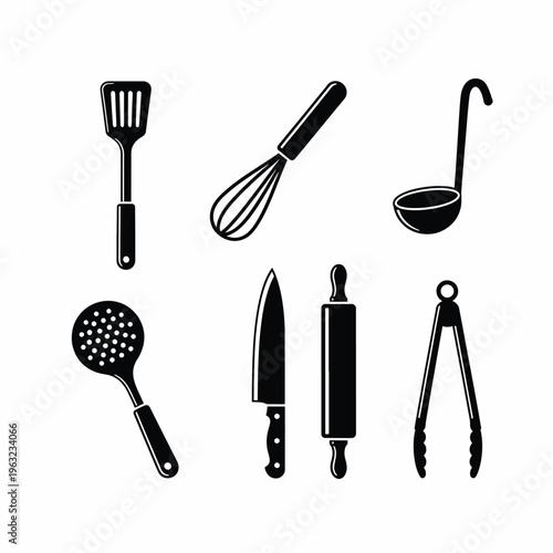 Kitchen utensils icons set including spatula whisk ladle