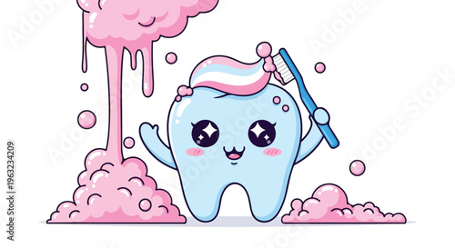 A cheerful cartoon tooth character holding a toothbrush amidst pink foam and bubbles on a clean white background with a playful and dental hygiene theme.