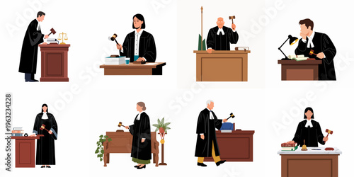 Set of flat vector illustrations depicting diverse male and female judges in robes with gavels and courtroom furniture, representing law and justice.