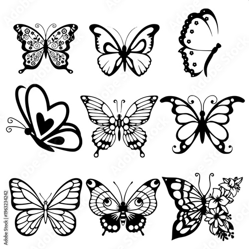 Ornamental butterfly vector art, intricate wing shapes with smooth curves, solid black fill, tattoo-style design, high contrast, centered composition