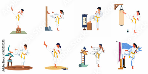 Collection of diverse martial artists in white uniforms practicing high kicks and training with traditional equipment, set of flat vector illustrations.