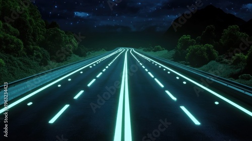 A straight, illuminated road leads toward mountains under a starry night sky