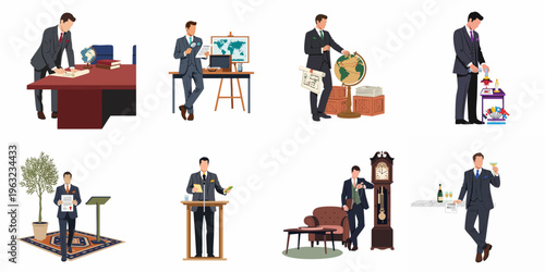 Collection of professional illustrations featuring a businessman in various corporate roles including signing contracts, public speaking, global logistics, and formal celebrations.