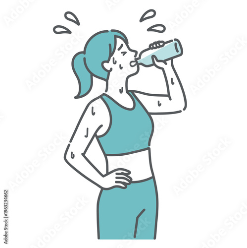 汗だくで必死に水分補給をする女性のイラスト