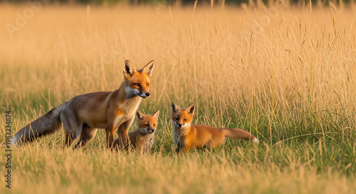 Red Fox Family in a Field