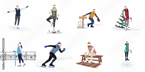 Set of vector illustrations of men and women ice skating, enjoying winter outdoor activities, wearing warm clothing like vests and hats.
