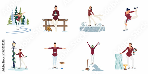 Set of flat illustrations featuring a female figure skater in various winter-themed poses, including performing, resting, and celebrating victory.