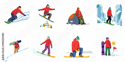 Set of Flat Vector Illustrations Featuring Snowboarders in Various Winter Sport Activities and Poses on a White Background
