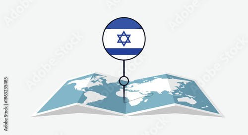 Graphic illustration of a world map with a pin marking Israel, featuring the Israeli flag on a white background.