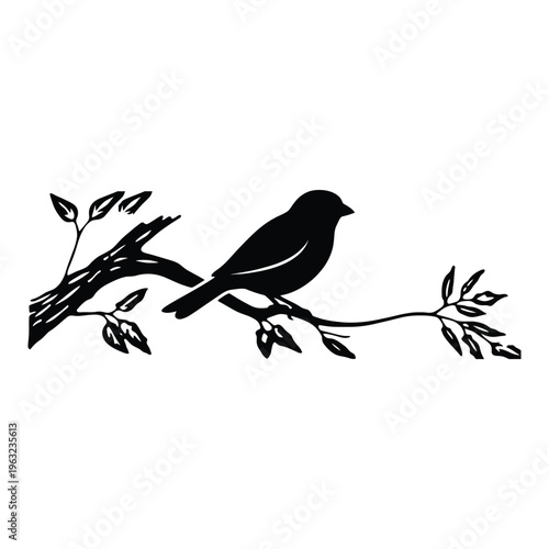 Black bird sitting on branch with leaves silhouette