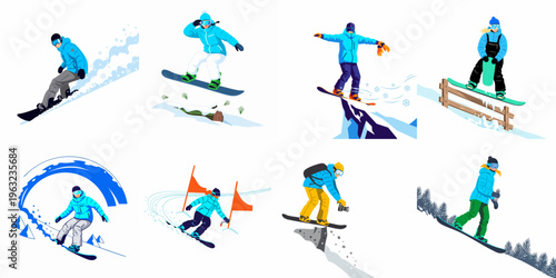 Collection of Illustrative Snowboarders Performing Various Stunts and Riding in Different Winter Environments on a White Background