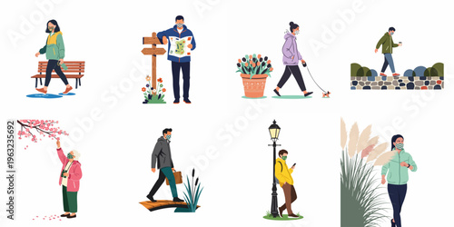 Vector illustration collection of diverse people wearing face masks while engaging in various outdoor activities like walking, jogging, and commuting.