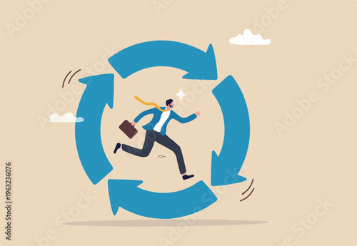 Working habit, life cycle or daily routine behavior, agile development, discipline or working efficiency, procedure or process to success concept, businessman running on habit circle arrow diagram