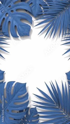Elegant Blue Tropical Leaf Frame with monstera and palm leaves on white background for social media stories and summer marketing. Vertical. Video. Portrait Orientation.