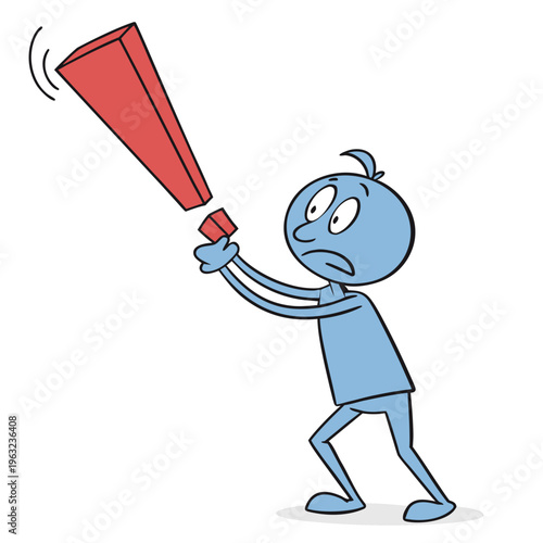 Blue stick figure holding a broken red baton, symbolizing failure, disappointment, or a dropped relay race.
