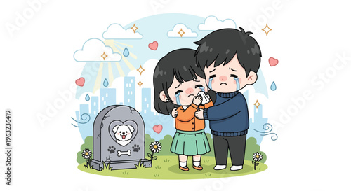 Cartoon illustration of a young couple embracing beside a teddy bear gravestone on green grass with a whimsical background of clouds, hearts, and raindrops.