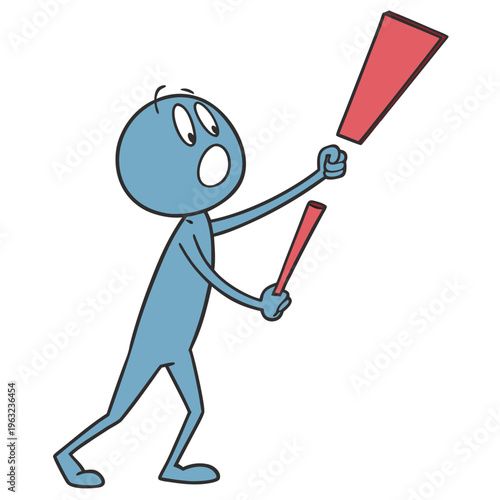 Blue stick figure holding a broken red baton, symbolizing failure, disappointment, or a dropped relay race.