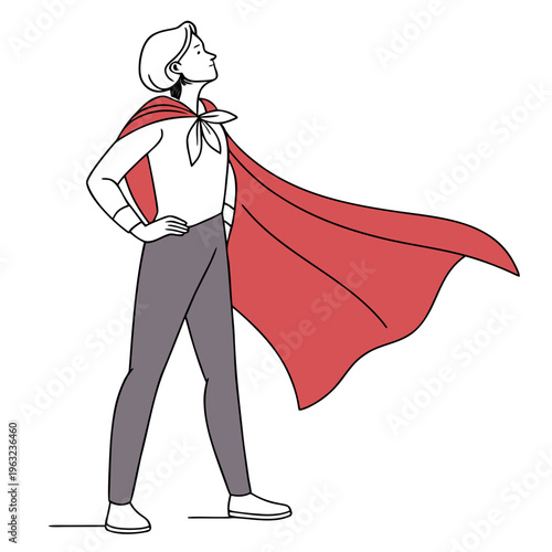 Woman in superhero cape standing confidently, looking up, symbolizing power