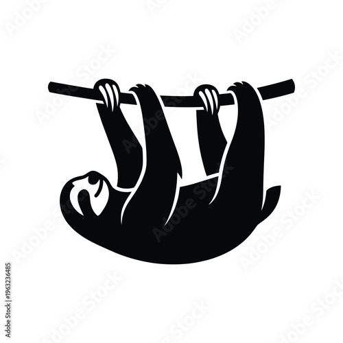 Black silhouette of a sloth hanging upside down from a branch white background