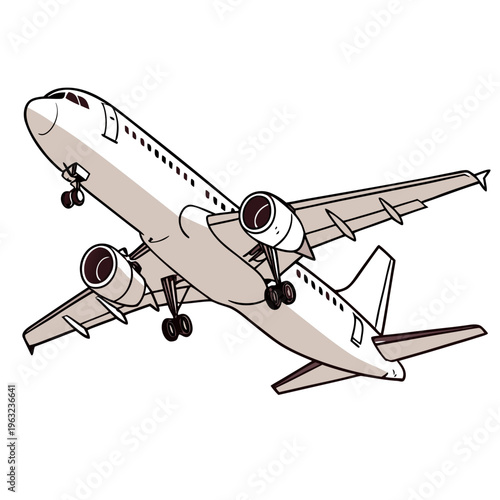 Commercial airplane taking off with landing gear down against a white background