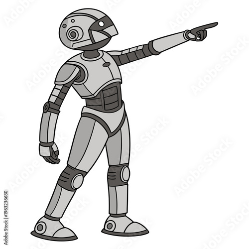 Friendly humanoid robot pointing forward with a metallic body and a retro design.