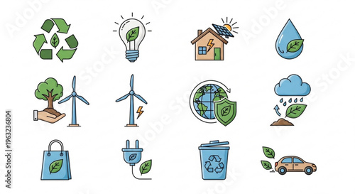 A set of eco-friendly icons representing sustainable living and environmental conservation