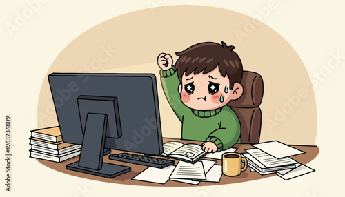 A cartoon boy sitting at a desk with a computer and papers, raising his hand in excitement while wearing a green sweater in a home office setting with a warm and cheerful mood.