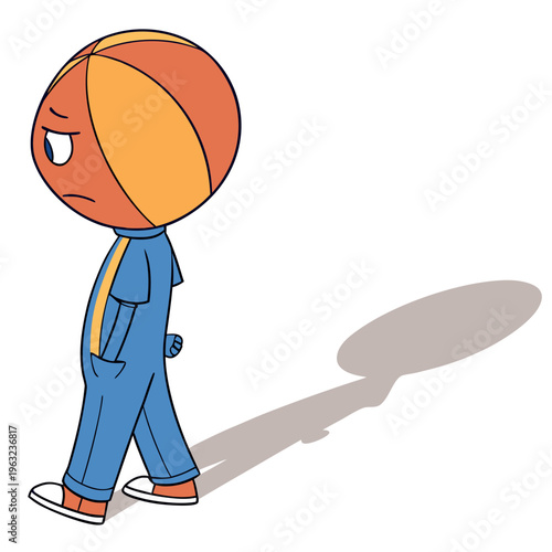 Sad cartoon character with a ball head, wearing blue overalls, walking with a long shadow.