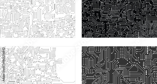 High-Tech Motherboard Line Art Pattern. Electronic Network Path Pattern Design. Seamless Design Bundle.