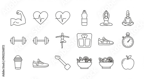 A set of minimalist line art icons representing various fitness and wellness concepts
