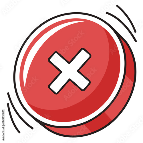 Red button with a white cross symbol, vibrating lines indicating an alert or error, 3D icon