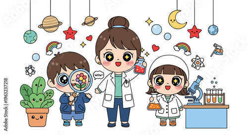 Three cartoon children in science costumes with educational symbols and objects on a white background.
