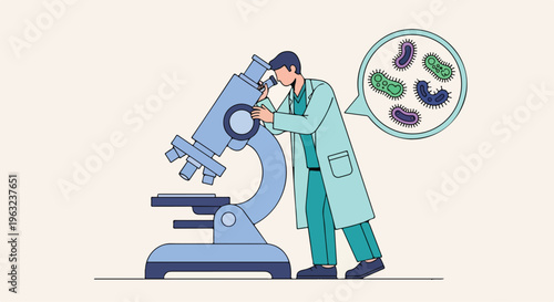 A scientist in a lab coat examines a microscope with a thought bubble showing bacteria, in a simple illustrative style with a clean background.
