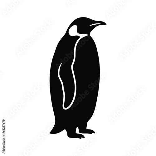 Black silhouette of a penguin standing on white background bird