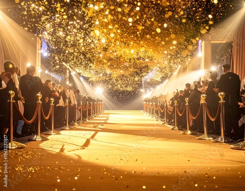 Formal event with a golden carpet, attendees, and confetti, illuminated by spotlights