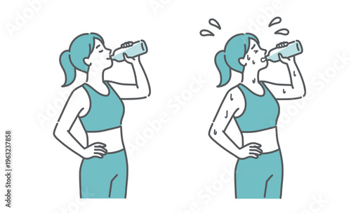 水分補給をする女性の笑顔と汗だく（熱中症警戒）の比較セットイラスト