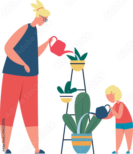 Parent and child watering houseplants learning gardening