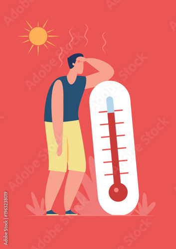 Man feeling exhaustion from extreme heat and high temperature