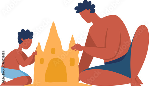 Father and son building sandcastle on summer beach vacation